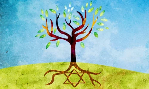 Illustration of a tree with colorful branches and green leaves on a grassy hill, featuring a Star of David among the tree’s roots against a blue sky background.