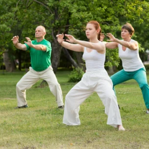 Three people practice tai chi in a grassy park, standing in a row with arms raised and bent knees. Trees and greenery are visible in the background.