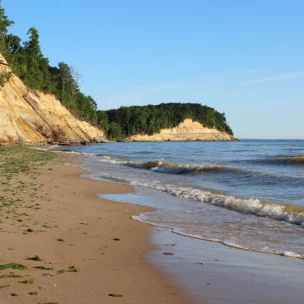 A sandy beach with scattered seaweed, gentle waves, and steep, tree-topped cliffs under a clear blue sky; a ship is visible on the horizon.
