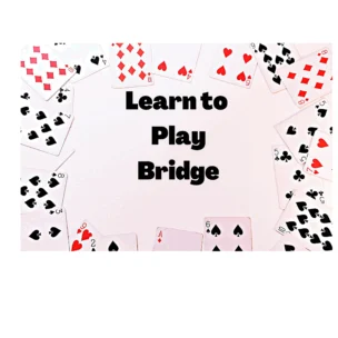 A circle of playing cards surrounds the words "Learn to Play Bridge" in bold black letters on a white background.