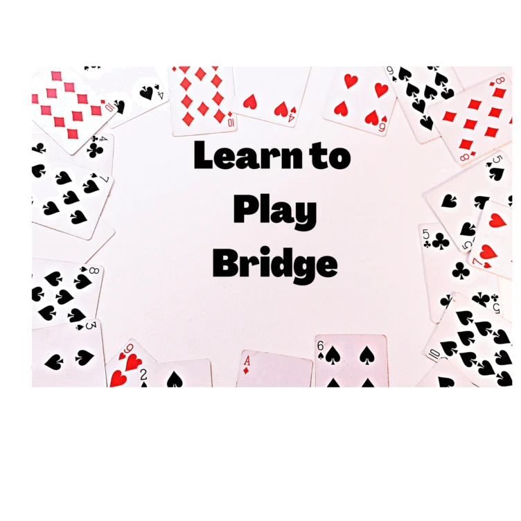 A circle of playing cards surrounds the words "Learn to Play Bridge" in bold black letters on a white background.