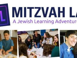 Mitzvah Lab banner with three photos of smiling teens and tweens participating in Jewish learning and group activities.