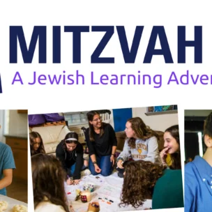 Mitzvah Lab banner with three photos of smiling teens and tweens participating in Jewish learning and group activities.