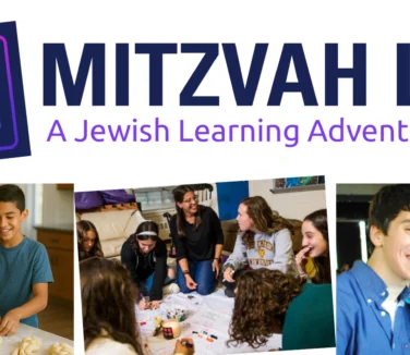 Mitzvah Lab banner with three photos of smiling teens and tweens participating in Jewish learning and group activities.