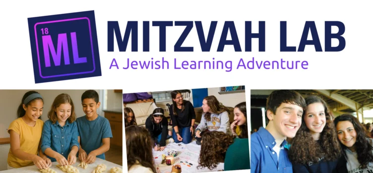 Mitzvah Lab banner with three photos of smiling teens and tweens participating in Jewish learning and group activities.