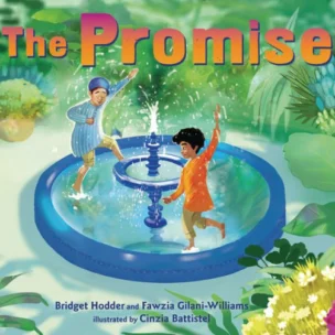 Two children play and splash in a blue fountain surrounded by lush green plants on the cover of the book "The Promise.
