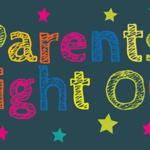 Colorful, hand-drawn text reads "Parents' Night Out" surrounded by multicolored stars on a dark background.