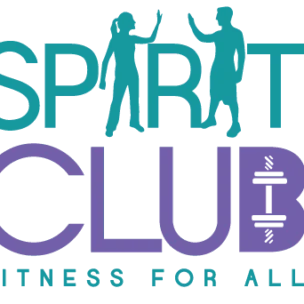 SPIRIT CLUB logo with silhouettes of two people high-fiving, the word "CLUB" beneath, a dumbbell as the "U," and tagline "Fitness For All.
