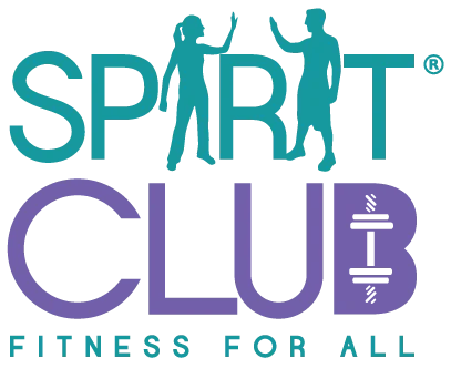 SPIRIT CLUB logo with silhouettes of two people high-fiving, the word "CLUB" beneath, a dumbbell as the "U," and tagline "Fitness For All.