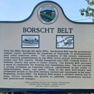 Historical marker titled "Borscht Belt," describing the Jewish resort area's significance in New York from the 1920s to 1970s, with photos and organizational credits at the bottom.