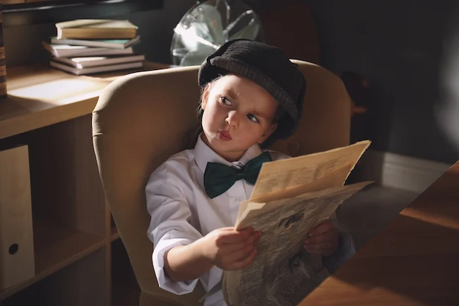 A young child dressed in a white shirt, bow tie, and cap sits in an office chair, holding a newspaper and looking to the side with a curious expression.