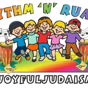 Five cartoon children stand arm in arm on a colorful stage with musical notes, drums, and shofars. Text reads “Rhythm 'N' Ruach” and “#JoyfulJudaism.”.