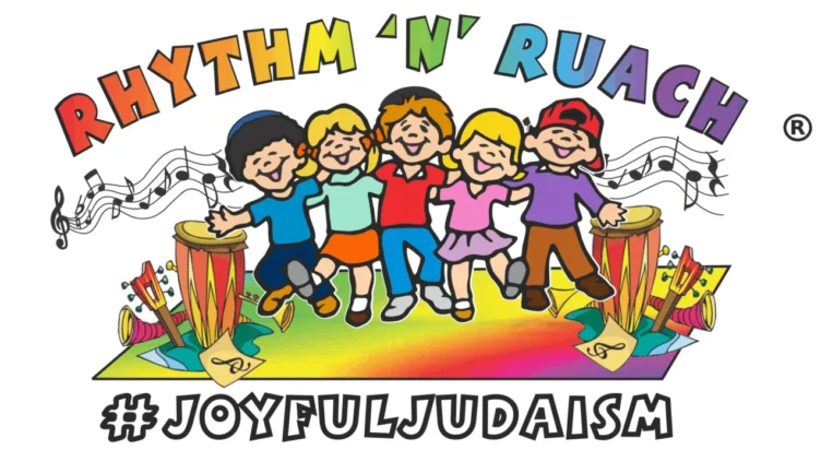 Five cartoon children stand arm in arm on a colorful stage with musical notes, drums, and shofars. Text reads “Rhythm 'N' Ruach” and “#JoyfulJudaism.”.
