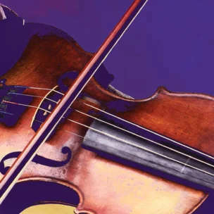 A person plays a violin, holding the instrument with one hand and the bow with the other, against a purple background.