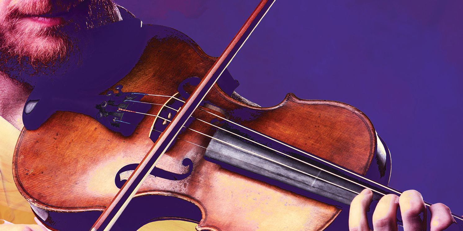 A person plays a violin, holding the instrument with one hand and the bow with the other, against a purple background.