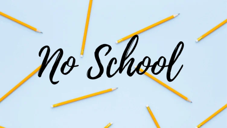 Yellow pencils scattered on a light blue background with the words "No School" written in black script in the center.