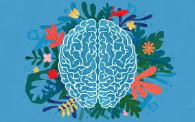 An illustration of a brain in white outline centered over colorful abstract plant and leaf shapes on a blue background.
