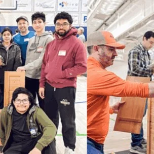 Two groups of people display and assemble wooden projects indoors at what appears to be a competition or event.