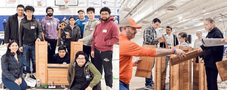 Two groups of people display and assemble wooden projects indoors at what appears to be a competition or event.