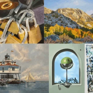A collage of four paintings: padlocks, a mountain landscape with autumn trees, a lighthouse on water with a sailboat, and a surreal still life with an apple in a glass.