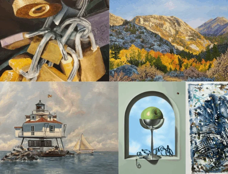 A collage of four paintings: padlocks, a mountain landscape with autumn trees, a lighthouse on water with a sailboat, and a surreal still life with an apple in a glass.
