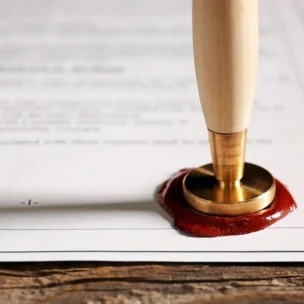 A document on a wooden table is sealed with red wax and a stamp; a black pen lies next to it.