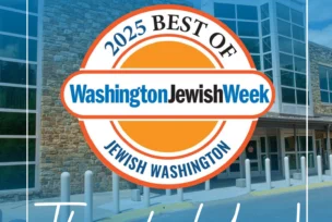 Exterior of Bender JCC of Greater Washington with "2025 Best of Washington Jewish Week" badge and text reading "Thank You!.