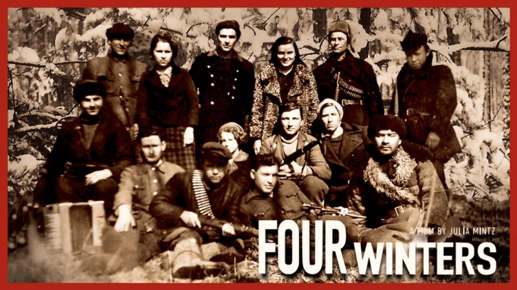 A sepia-toned group photo of men and women in winter clothing, some armed, posed outdoors in front of snow-covered trees. Text reads "FOUR WINTERS.
