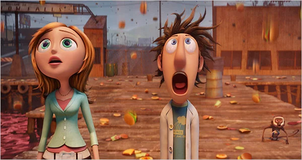 Two animated characters stand on a dock, looking up in surprise as hamburgers fall from the sky; a small monkey sits nearby.