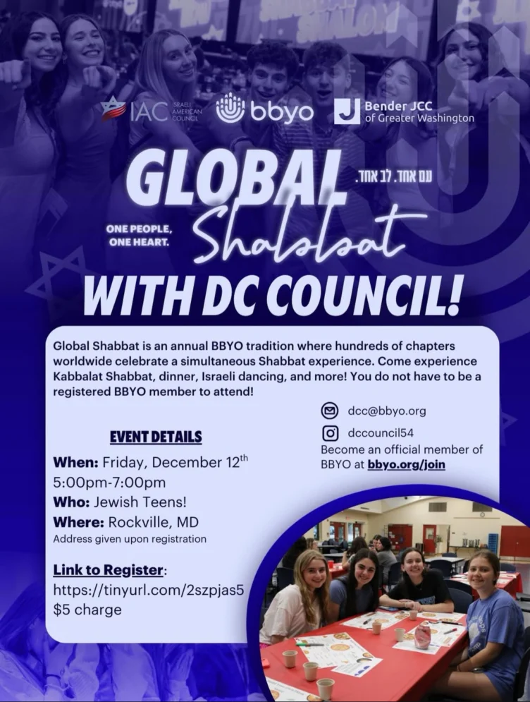 Event flyer for "Global Shabbat with DC Council" on December 12 in Rockville, MD, featuring event details and a photo of teens sitting around a table smiling.