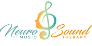 Logo for Neuro Sound Music Therapy featuring a treble clef combined with a human profile, and the text "Neuro Music Sound Therapy" in blue and orange gradient script.
