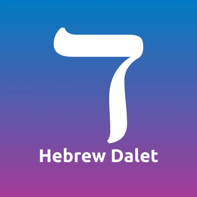 A large white Hebrew letter Dalet with the text "Hebrew Dalet" below it, displayed on a blue-to-purple gradient background.