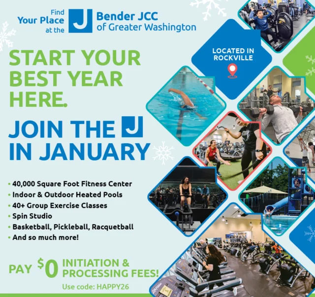 Promotional flyer for Bender JCC of Greater Washington advertising January gym membership with no initiation or processing fees, featuring fitness center images and facility highlights.