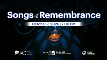 A single candle is lit below the text “Songs of Remembrance,” with event details for October 7, 2026, 7:00 PM, and logos of three Jewish organizations shown at the bottom.