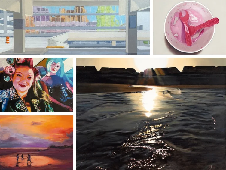 A collage of five paintings: an urban parking garage, a half-eaten cup of ice cream, two people in colorful wigs and makeup, a sunset beach scene with figures, and a reflective river at sunset.