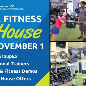 Promotional flyer for a Health & Fitness Open House on Sunday, November 1, showing people exercising and listing event highlights such as group classes, trainers, demos, and special offers.