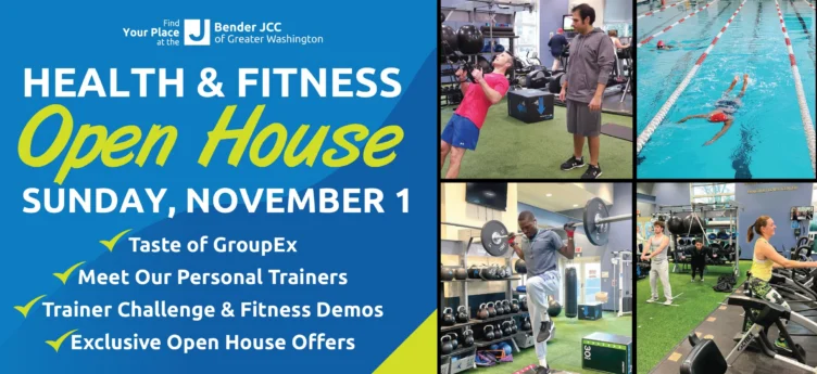 Promotional flyer for a Health & Fitness Open House on Sunday, November 1, showing people exercising and listing event highlights such as group classes, trainers, demos, and special offers.