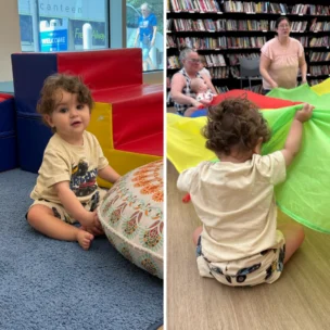 A toddler plays with a pillow on soft play mats in one photo and holds a colorful parachute in a library group activity in the other.
