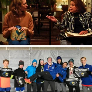 The top image shows two women having a conversation indoors; the bottom image shows a group of boys in sports attire posing with banners and one boy being held up by teammates.