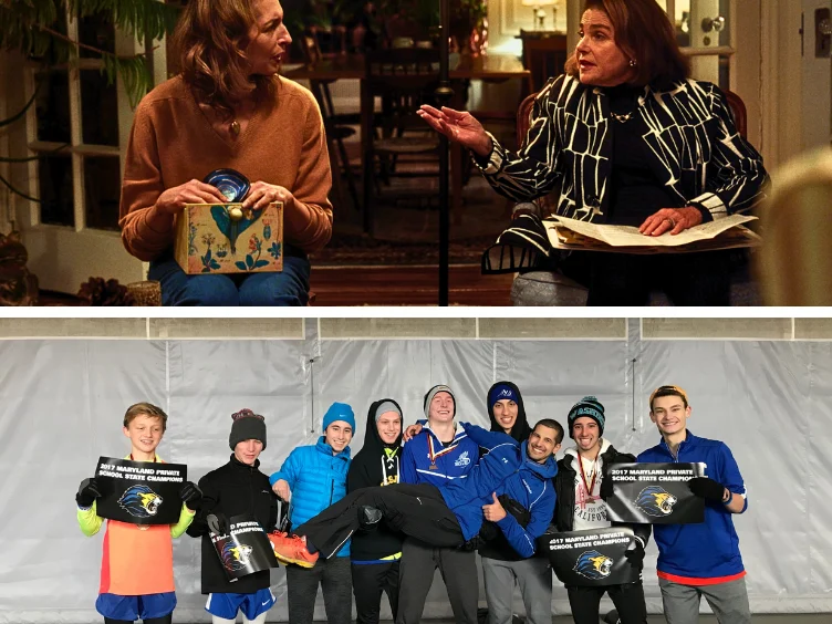 The top image shows two women having a conversation indoors; the bottom image shows a group of boys in sports attire posing with banners and one boy being held up by teammates.