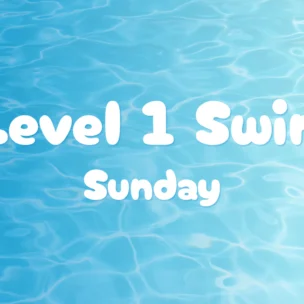 Text “Level 1 Swim Sunday” in white on a blue water background.