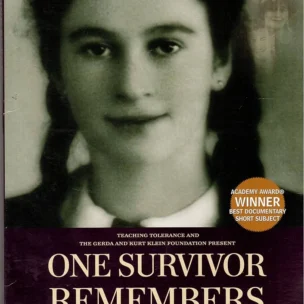 DVD cover of “One Survivor Remembers” featuring a black-and-white photo of a young woman and text about the film, its awards, and Holocaust history.