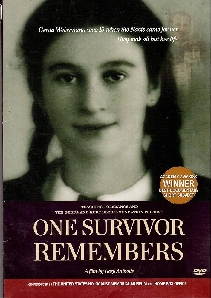 DVD cover of “One Survivor Remembers” featuring a black-and-white photo of a young woman and text about the film, its awards, and Holocaust history.
