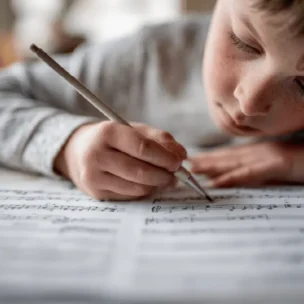 A child writes with a pencil on a sheet of music, with part of a keyboard visible beside the paper.