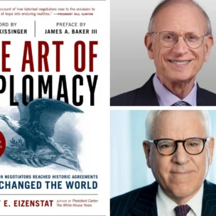 Book cover of “The Art of Diplomacy” by Stuart E. Eizenstat on the left; portraits of two older men in suits and glasses on the right.