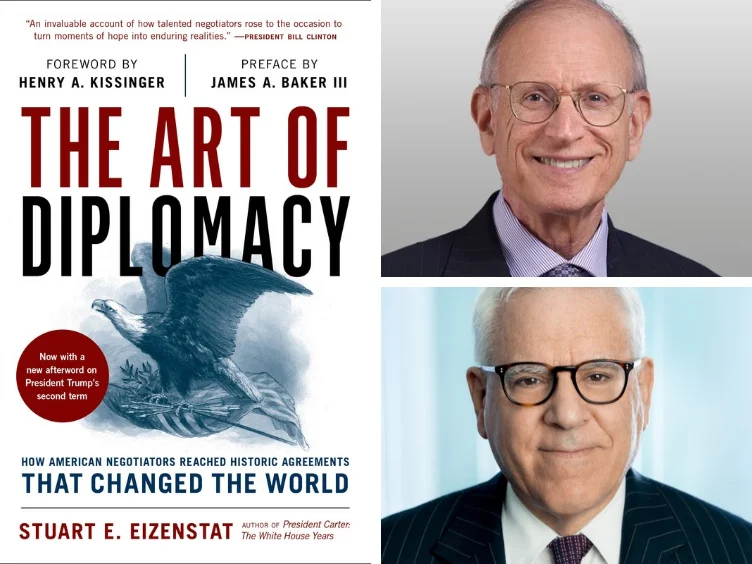Book cover of “The Art of Diplomacy” by Stuart E. Eizenstat on the left; portraits of two older men in suits and glasses on the right.
