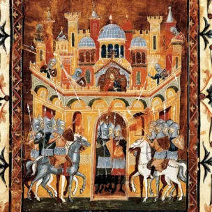 Medieval illustration of armored soldiers on horseback entering a walled city with arched gates, ornate buildings, and a central domed structure in the background.