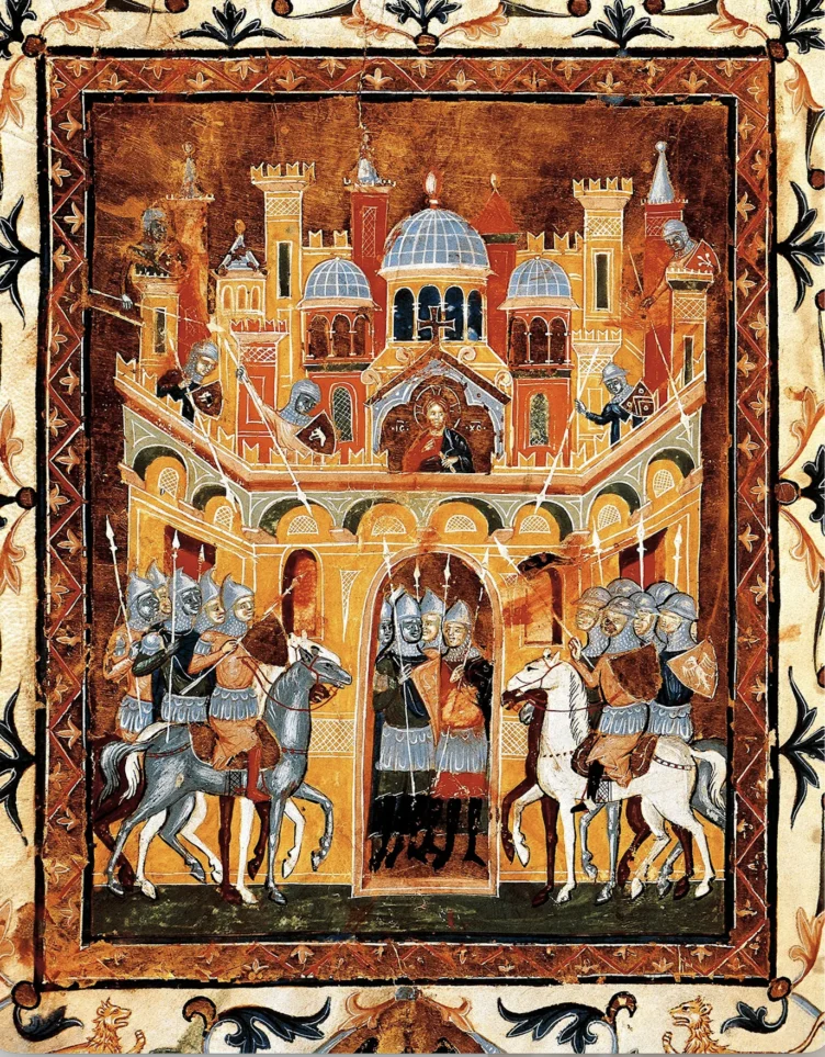Medieval illustration of armored soldiers on horseback entering a walled city with arched gates, ornate buildings, and a central domed structure in the background.