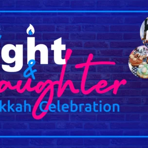 Event poster for “Light & Laughter: A Hanukkah Celebration” featuring a family with a menorah, sufganiyot, and comedian Ariel Elias.