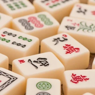 A close-up of ivory-colored mahjong tiles scattered together, each featuring unique red, green, and black engraved symbols.